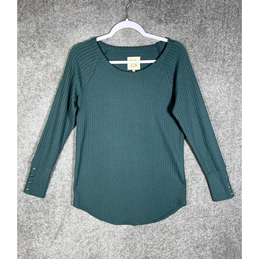 Chasor Thermal Knit Button Cuff Pullover‎ Top Womens Size Medium Teal Curved Hem